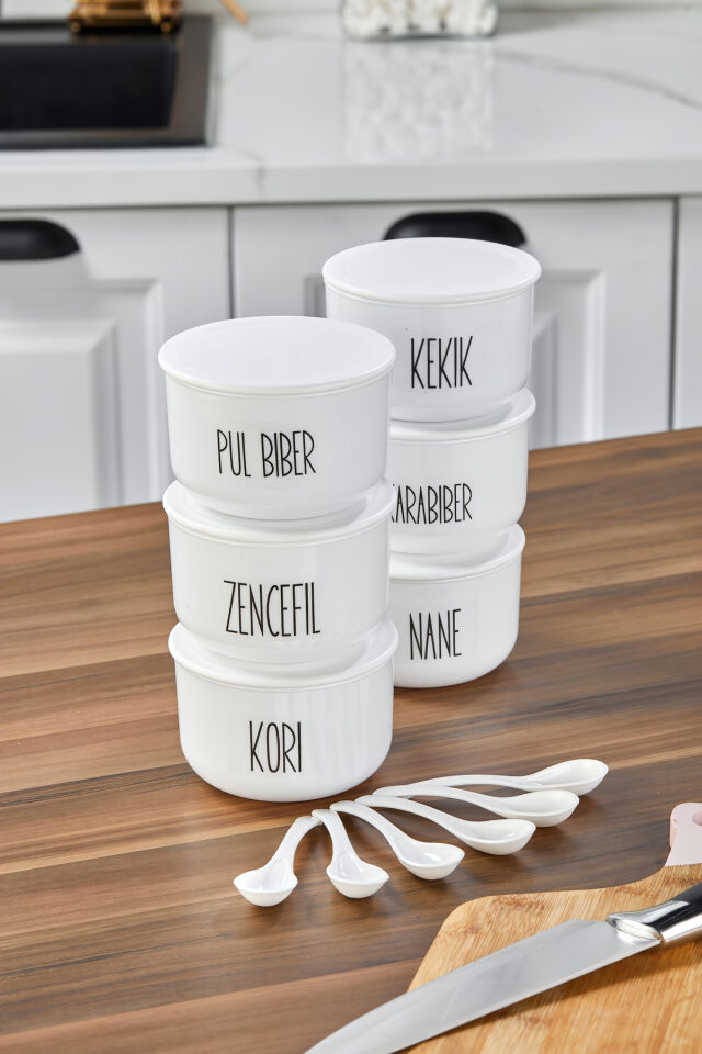 6'lı 400ML Vakumlu Akrilik Kapaklı Akrilik (Plastik) Baharatlık Seti Şeffaf Etiket Kaşık Hediyeli