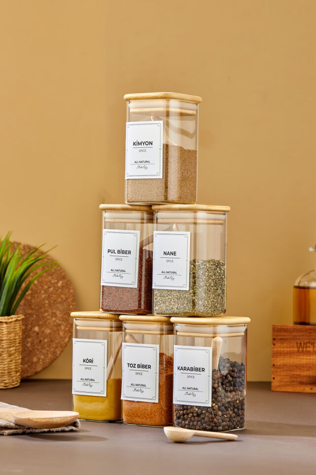 6'lı 250ml KARE Bambu Vakum Kapaklı Kaşıklı Borosilikat Baharat Takımı (Etiket Hediyeli)