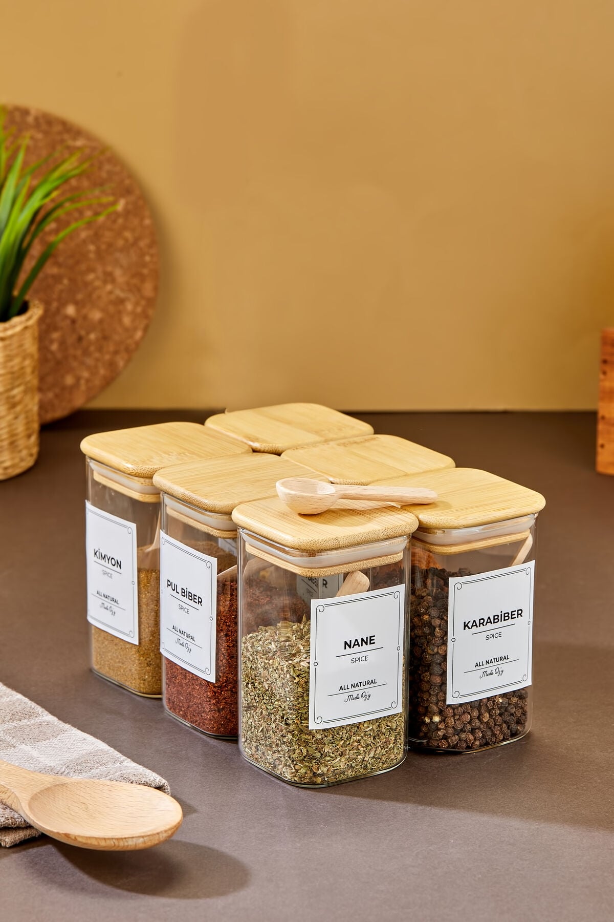 6'lı 250ml KARE Bambu Vakum Kapaklı Kaşıklı Borosilikat Baharat Takımı (Etiket Hediyeli)
