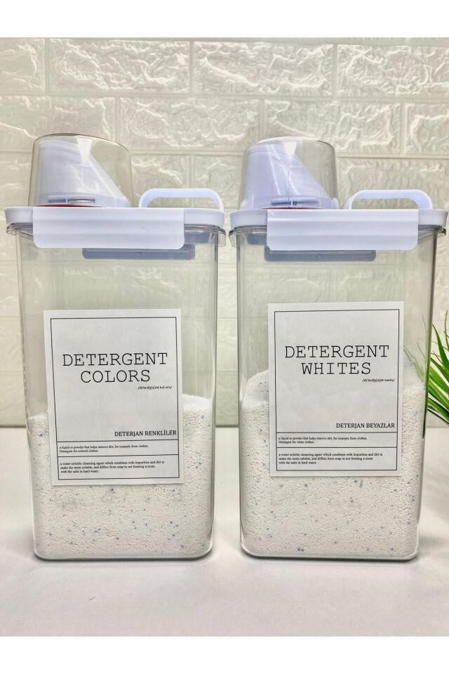 2li Ölçü Kapaklı 2300ml Beyazlar/Renkliler Deterjan Kabı Vakumlu Akrilik Banyo Düzenleyici Set