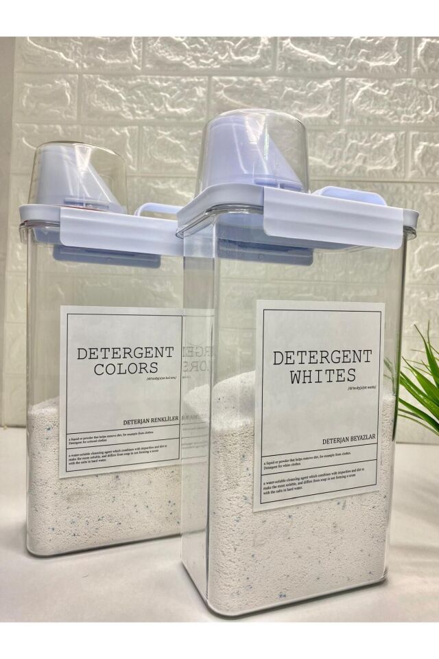 2li Ölçü Kapaklı 2300ml Beyazlar/Renkliler Deterjan Kabı Vakumlu Akrilik Banyo Düzenleyici Set