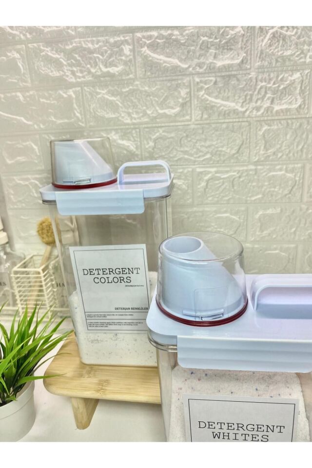 2li Ölçü Kapaklı 2300ml Beyazlar/Renkliler Deterjan Kabı Vakumlu Akrilik Banyo Düzenleyici Set