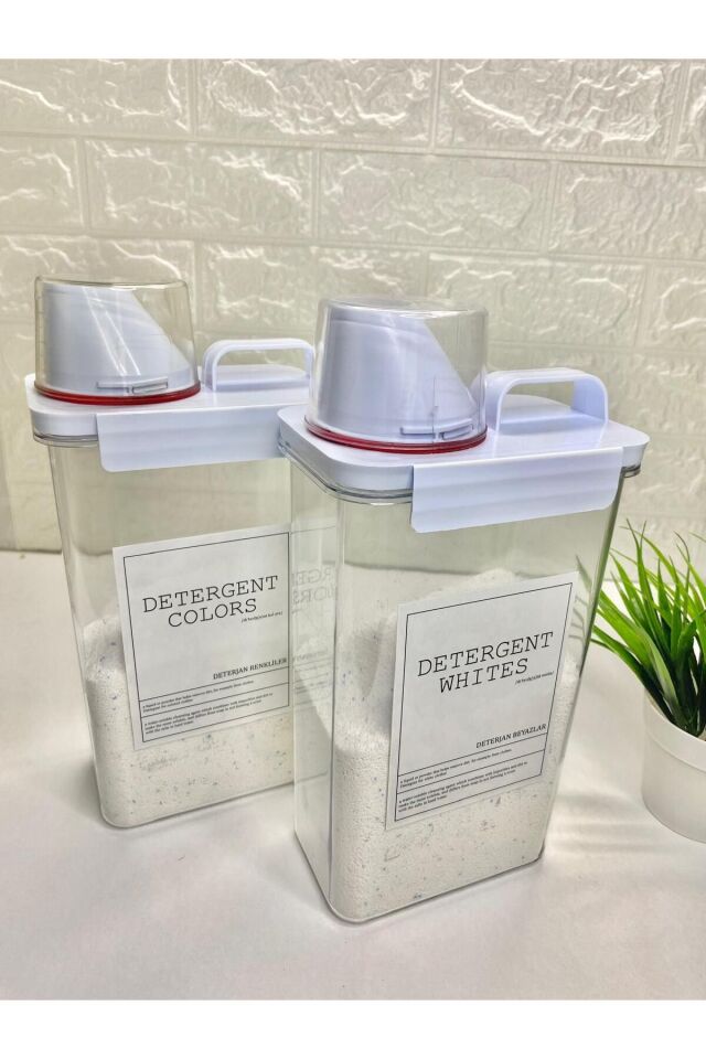 2li Ölçü Kapaklı 2300ml Beyazlar/Renkliler Deterjan Kabı Vakumlu Akrilik Banyo Düzenleyici Set