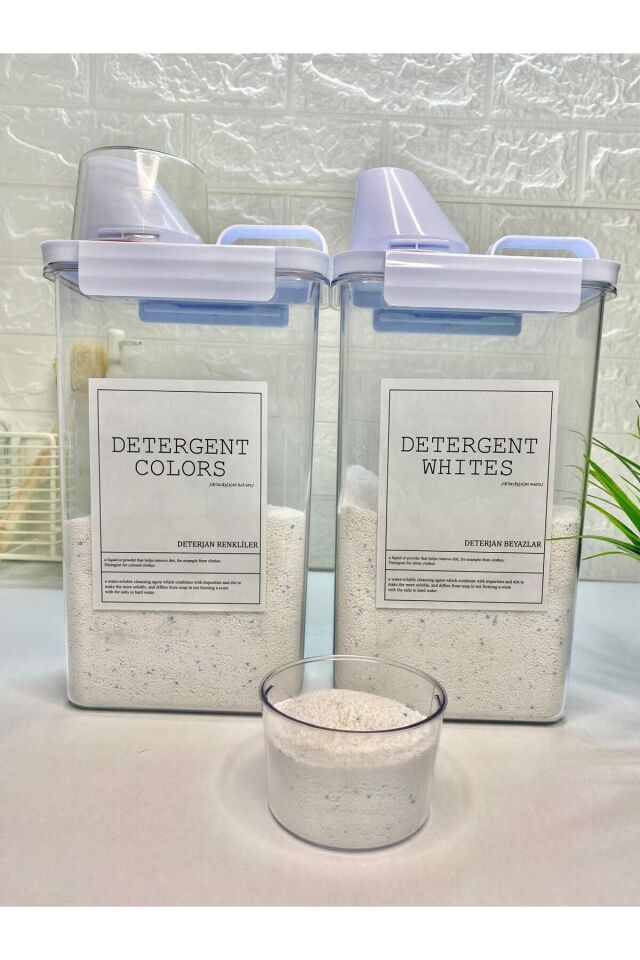 2li Ölçü Kapaklı 2300ml Beyazlar/Renkliler Deterjan Kabı Vakumlu Akrilik Banyo Düzenleyici Set