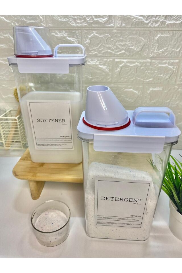 2li Ölçü Kapaklı 2300ml Deterjan/yumuşatıcı Kabı Vakumlu Akrilik Banyo Düzenleyici Set