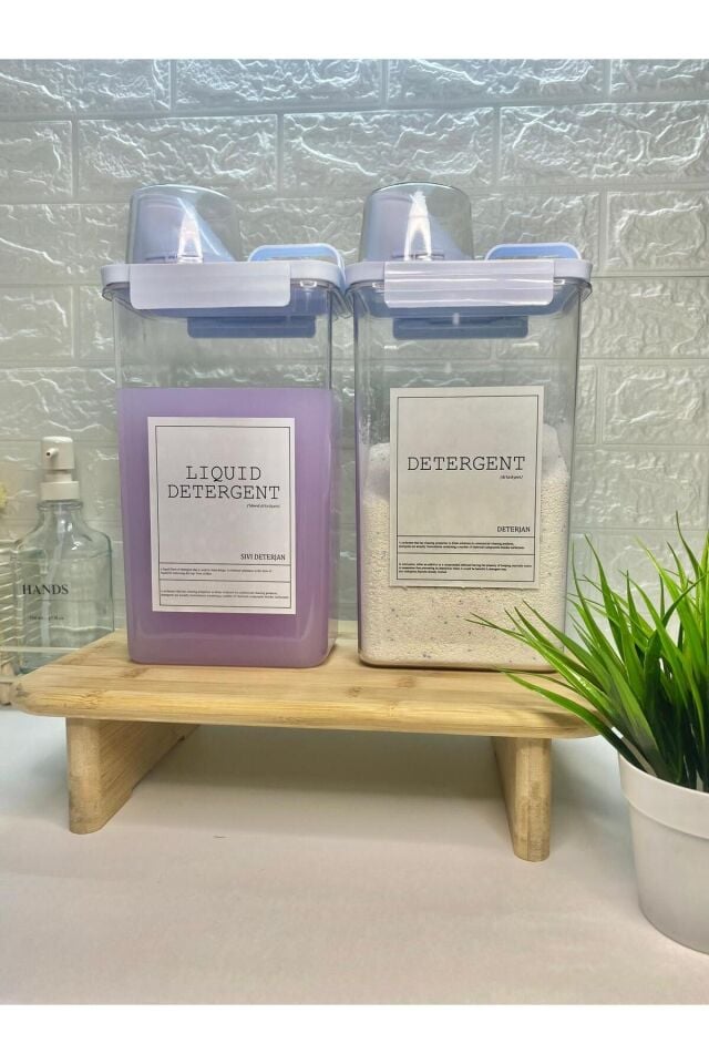 2li Ölçü Kapaklı 2300ml Sıvı Deterjan/Deterjan Kabı Vakumlu Akrilik Banyo Düzenleyici Set