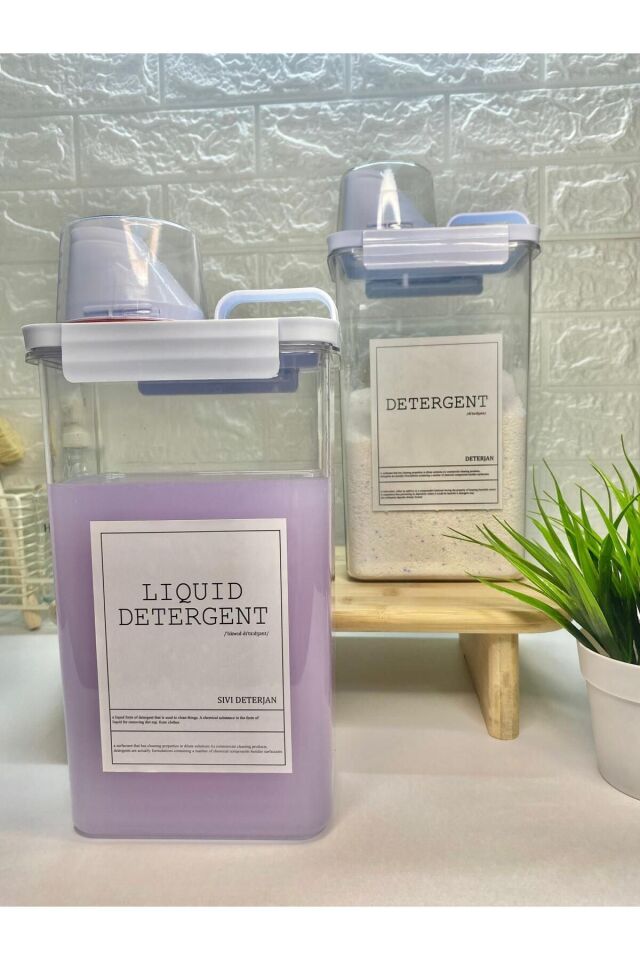 2li Ölçü Kapaklı 2300ml Sıvı Deterjan/Deterjan Kabı Vakumlu Akrilik Banyo Düzenleyici Set