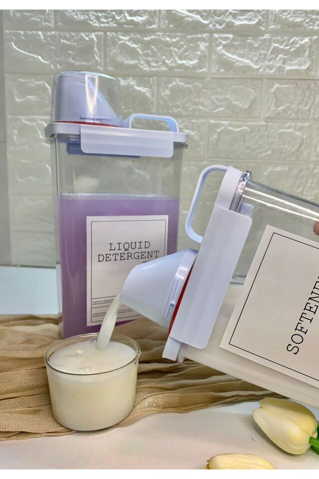 2li Ölçü Kapaklı 2300ml Sıvı Deterjan/1800ml Yumuşatıcı Kabı Vakumlu Akrilik Banyo Düzenleyici Set