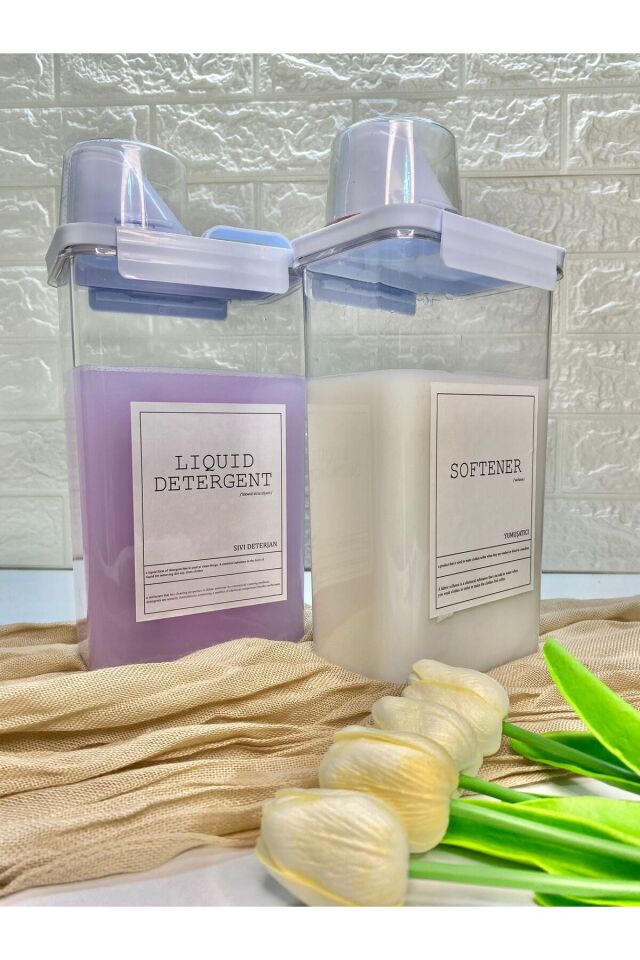 2li Ölçü Kapaklı 2300ml Sıvı Deterjan/1800ml Yumuşatıcı Kabı Vakumlu Akrilik Banyo Düzenleyici Set