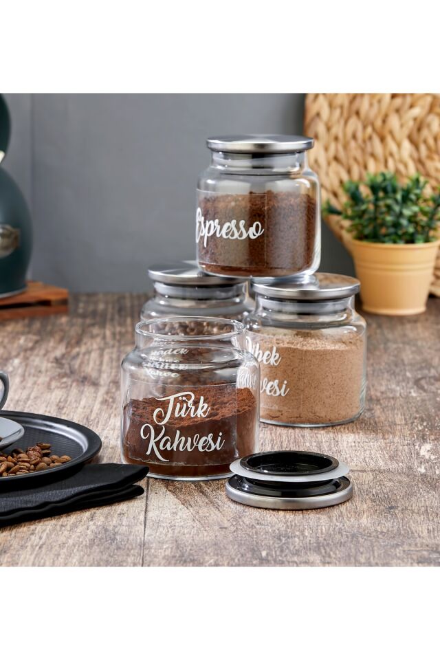 4lü 500ml Metal Kapaklı Kahve/Çay/İçecek Tozu Saklama Kavanozu (21 Adet Şeffaf Etiketli )