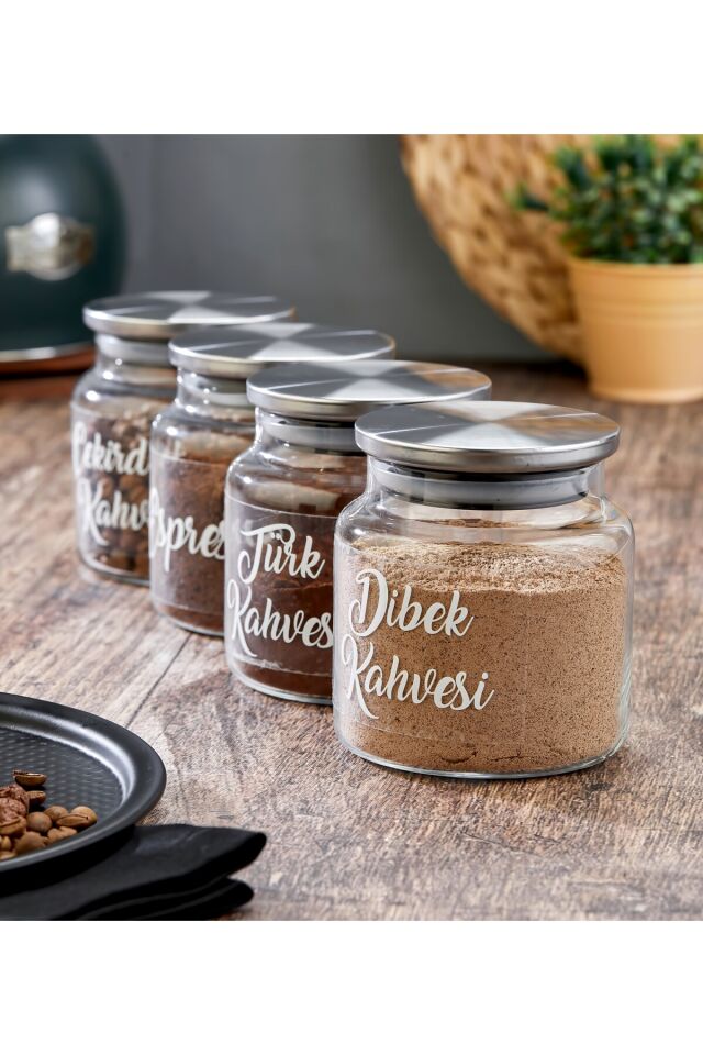 4lü 500ml Metal Kapaklı Kahve/Çay/İçecek Tozu Saklama Kavanozu (21 Adet Şeffaf Etiketli )