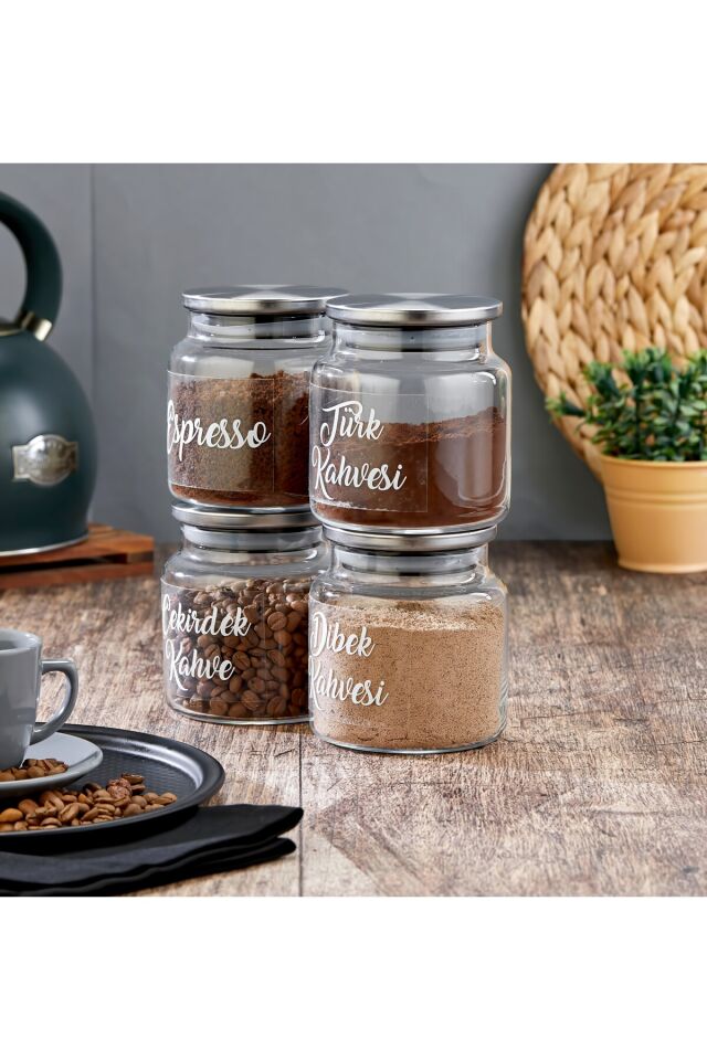4lü 500ml Metal Kapaklı Kahve/Çay/İçecek Tozu Saklama Kavanozu (21 Adet Şeffaf Etiketli )