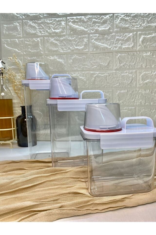 3lü Ölçü Kapaklı 2300/1800/1100 ml Saklama Kabı Vakumlu  Akrilik Erzak Kabı