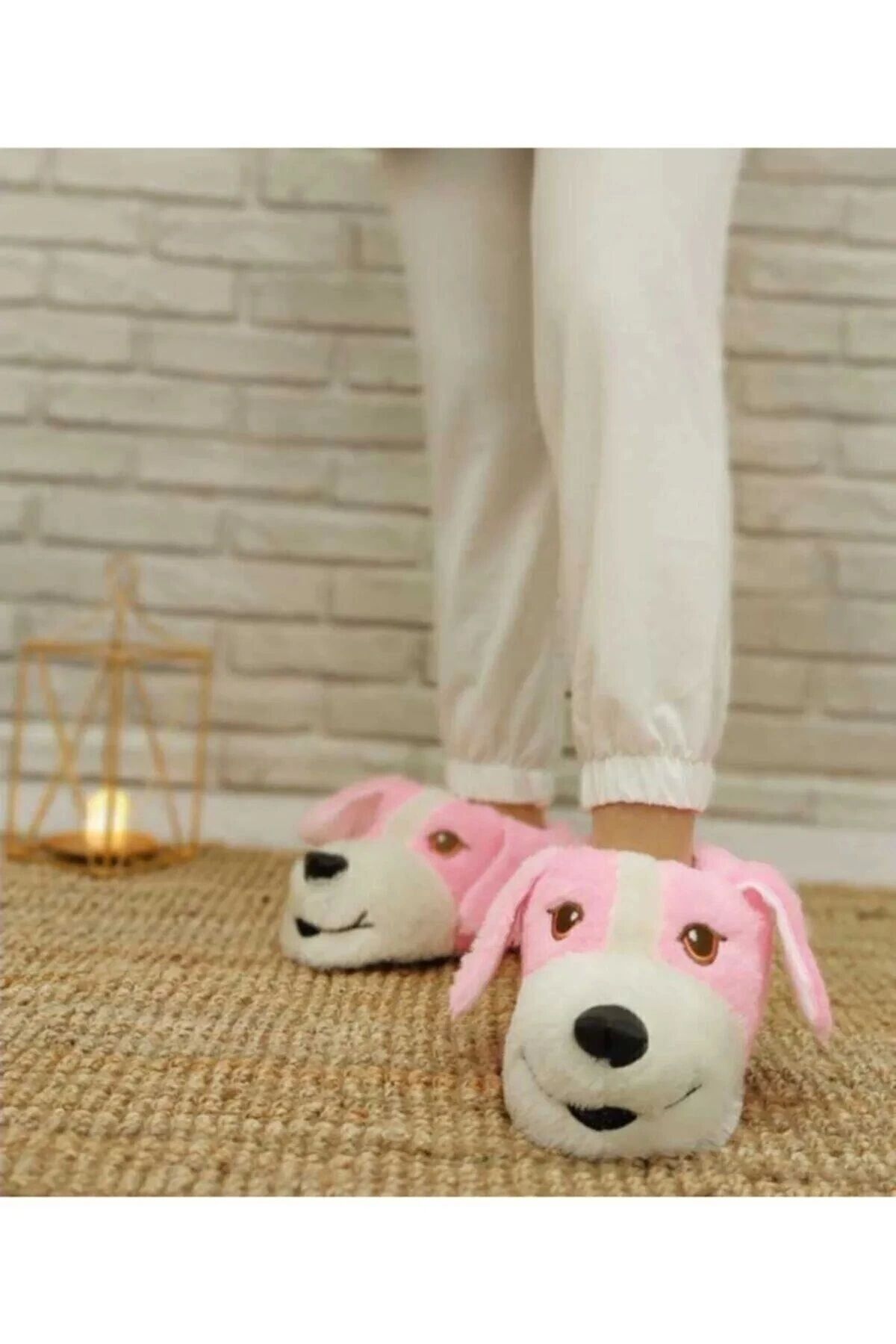 Konfor Sevimli Köpek Figürlü Peluş Panduf Ünisex Hayvanlı Panduf Pembe - 38-40