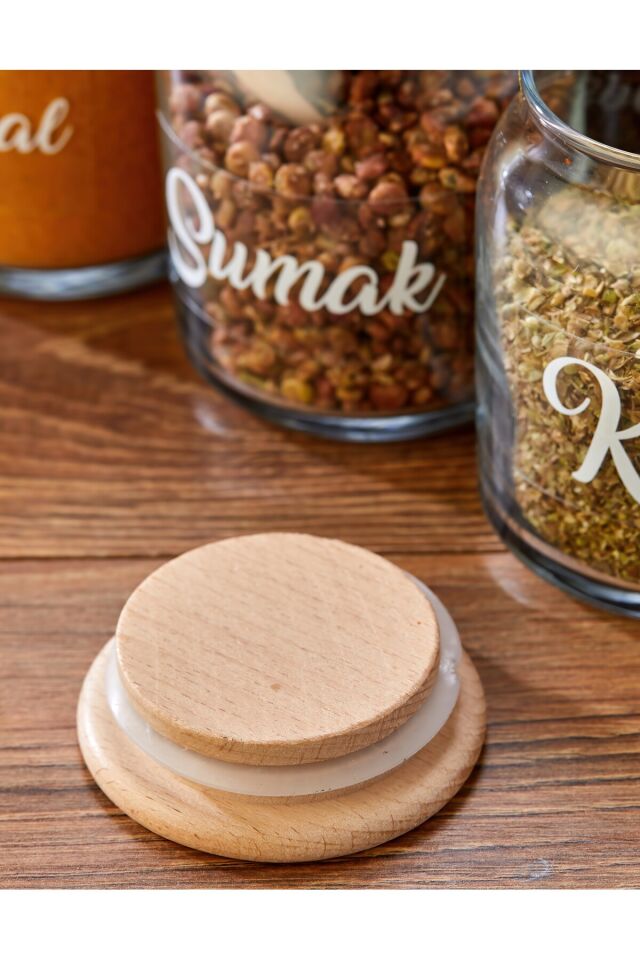 Etiketli Ahşap Kapaklı 300 ml 12 Adet Kavanoz Ve 12 Adet Mini Baharat Kaşığı - 24 Parça Baharat Seti