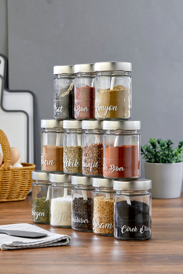 12'li 350 ml Gümüş Metal Kapaklı Baharat Saklama Kabı Cam Kavanoz(Plastik Kaşık/ Etiket Dahil)