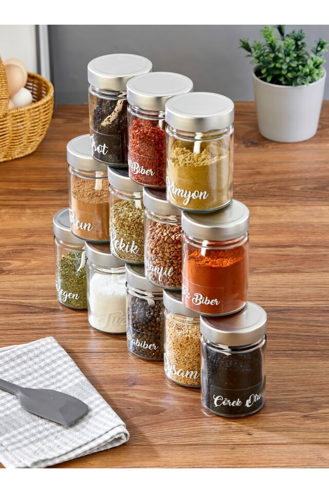 12'li 350 ml Gümüş Metal Kapaklı Baharat Saklama Kabı Cam Kavanoz(Plastik Kaşık/ Etiket Dahil)