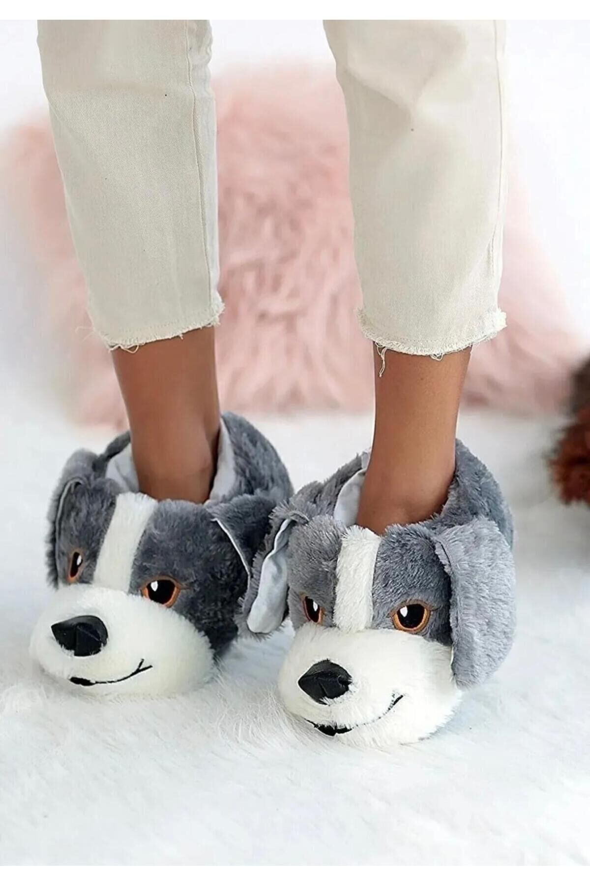 Konfor Sevimli Köpek Figürlü Peluş Panduf Ünisex Hayvanlı Panduf Gri - L/Xl