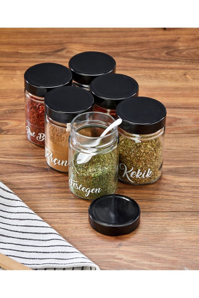 6'lı 350 ml Siyah Metal Kapaklı Baharat Saklama Kabı Cam Kavanoz(Plastik Kaşık/ Etiket Dahil)