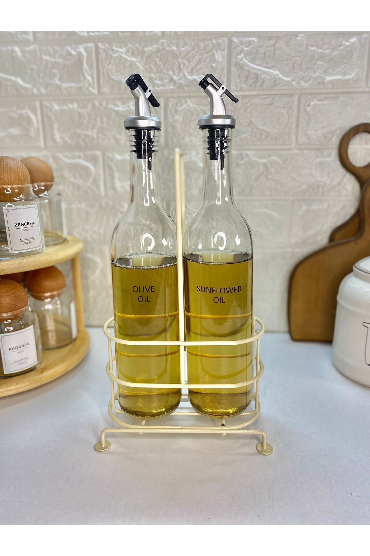 2'li Metal Stantlı 750ml Sıvıyağ /Zeytinyağı Şişesi Şeffaf Etiketli Yağlık