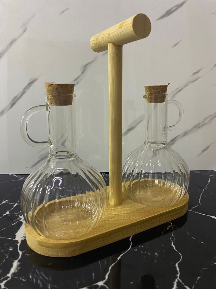 2li 300ml Boroslikat Cam Yağlık Bambu Stantlı Mantar  Tıpalı Yağdanlık/Sirkelik