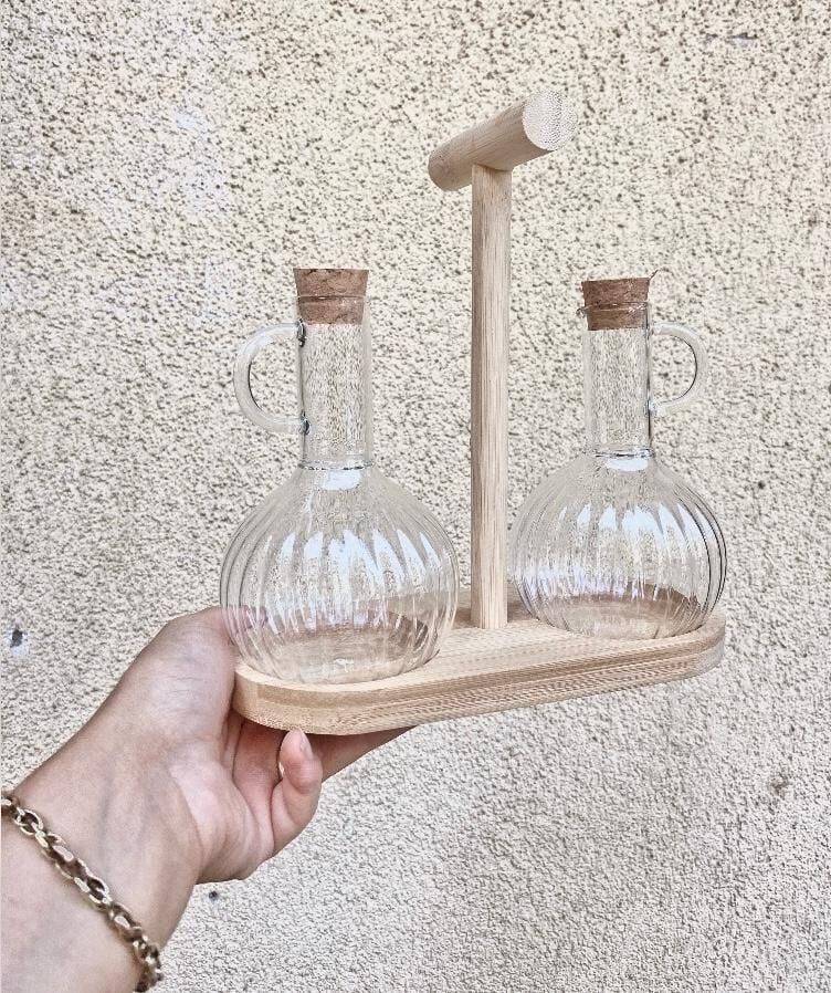 2li 300ml Boroslikat Cam Yağlık Bambu Stantlı Mantar  Tıpalı Yağdanlık/Sirkelik