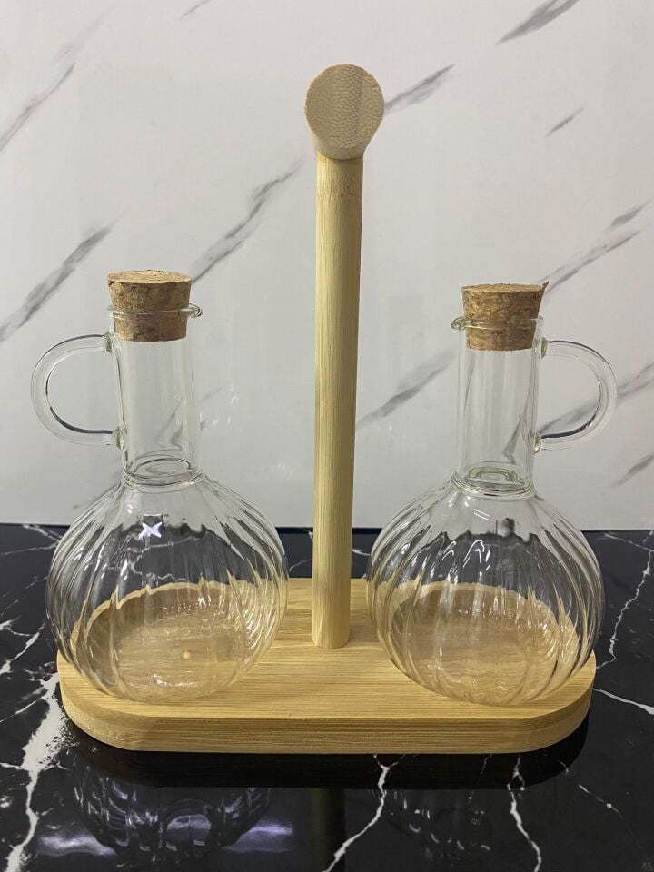 2li 300ml Boroslikat Cam Yağlık Bambu Stantlı Mantar  Tıpalı Yağdanlık/Sirkelik