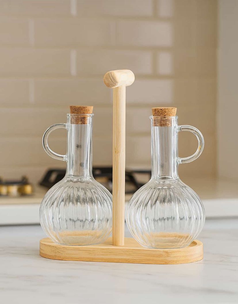 2li 300ml Boroslikat Cam Yağlık Bambu Stantlı Mantar  Tıpalı Yağdanlık/Sirkelik