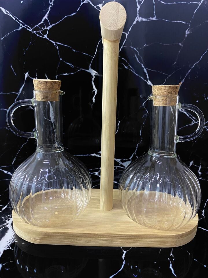 2li 300ml Boroslikat Cam Yağlık Bambu Stantlı Mantar  Tıpalı Yağdanlık/Sirkelik