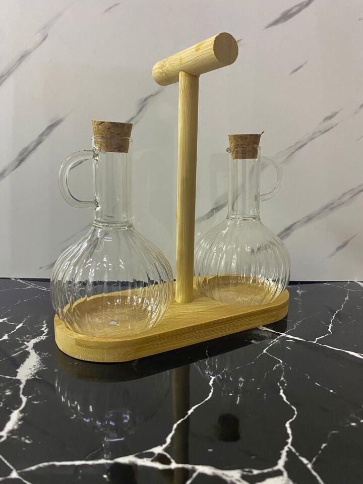 2li 300ml Boroslikat Cam Yağlık Bambu Stantlı Mantar  Tıpalı Yağdanlık/Sirkelik