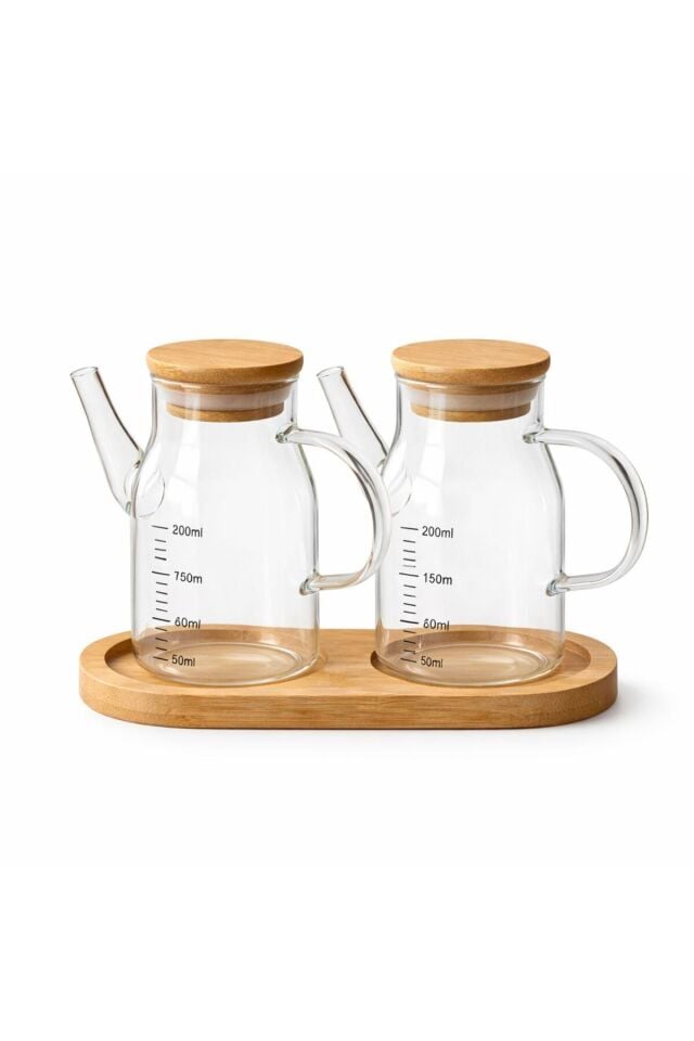 2'li 200ml Mini Yağdanlık ve Sosluk Seti, Bambu Stantlı ve Vakumlu Bambu Kapaklı Masa Üstü Set
