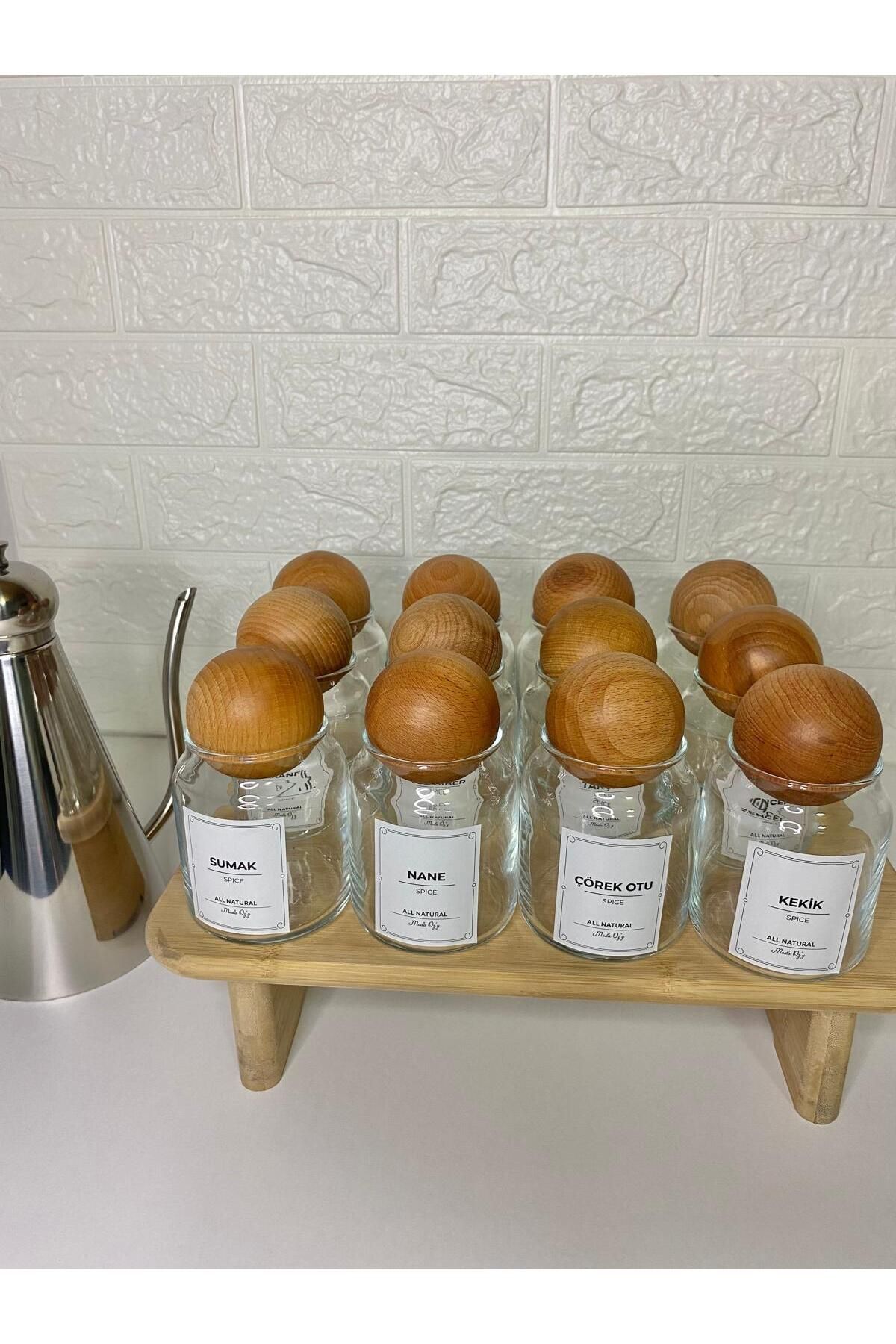 12'li Ahşap Top Kapaklı 300 Ml Cam Baharatlık Çerezlik Şekerlik Seti Kavanoz