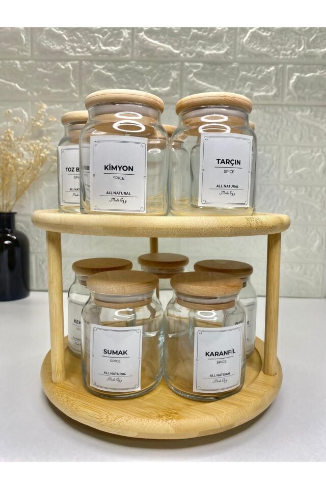 10'lu Ahşap Kapaklı Vakumlu Döner Stantlı 300ml Cam Baharatlık Seti Saklama Kavanozu (Kaşık Dahil)