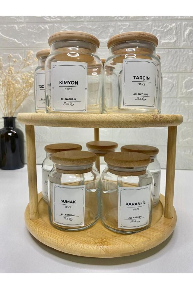 10'lu Ahşap Kapaklı Vakumlu Döner Stantlı 300ml Cam Baharatlık Seti Saklama Kavanozu (Kaşık Dahil)