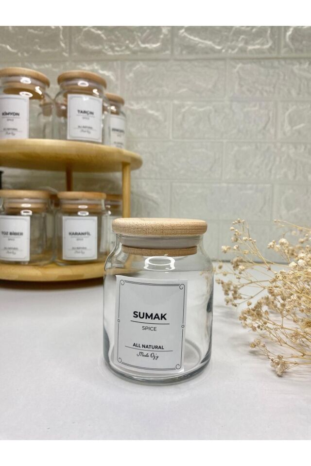 10'lu Ahşap Kapaklı Vakumlu Döner Stantlı 300ml Cam Baharatlık Seti Saklama Kavanozu (Kaşık Dahil)