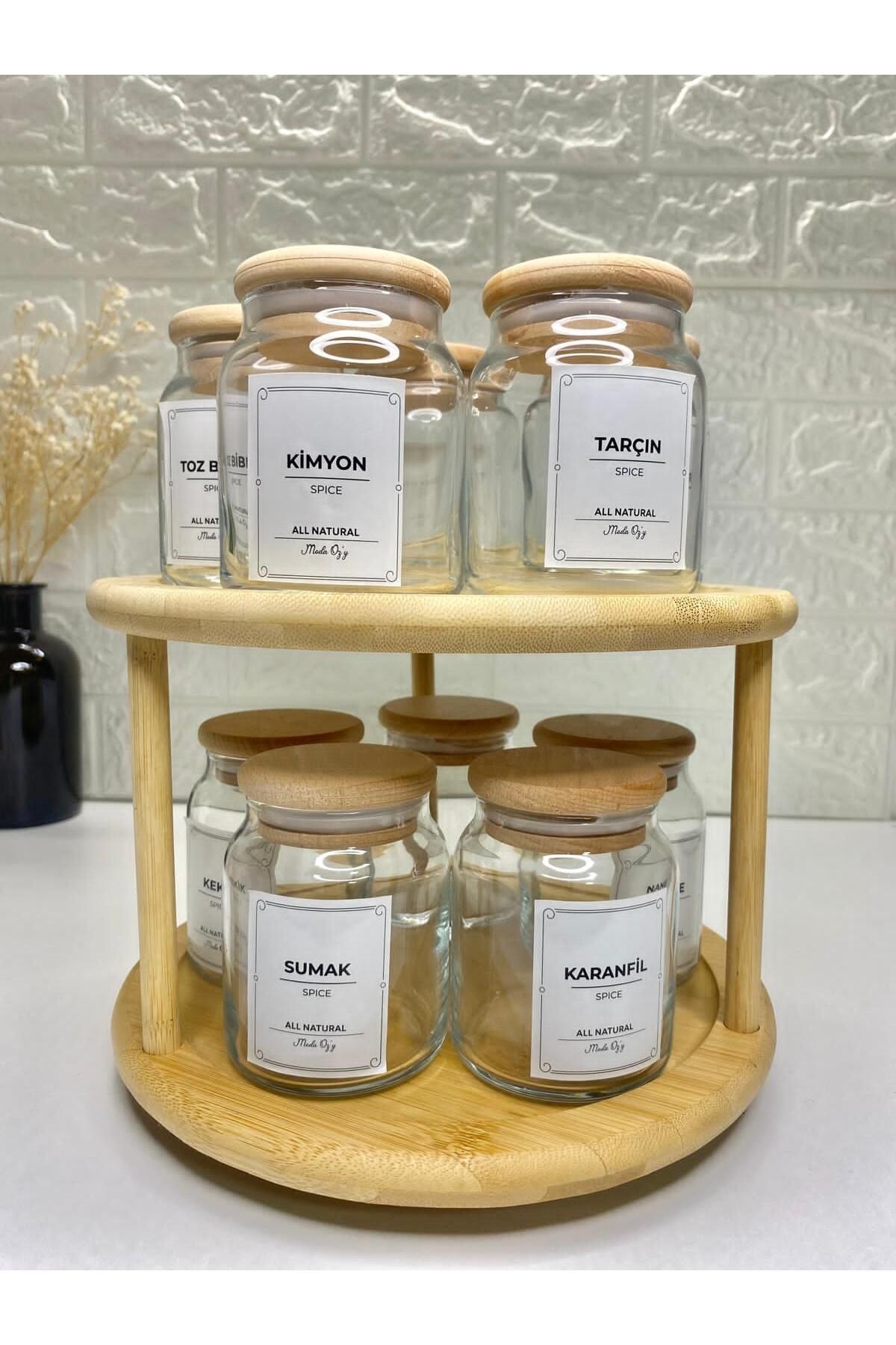10'lu Ahşap Kapaklı Vakumlu Döner Stantlı 300ml Cam Baharatlık Seti Saklama Kavanozu (Kaşık Dahil)