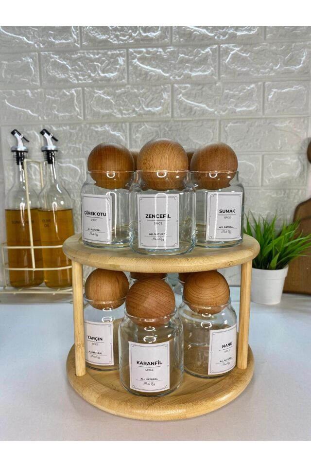 10'lu Ahşap Top Kapaklı Döner Stantlı Etiketli 300ml Cam Baharatlık Seti Saklama Kavanozu