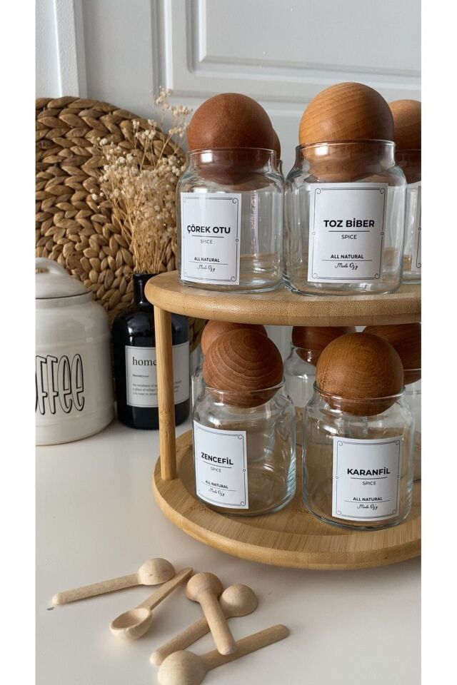 10'lu Ahşap Top Kapaklı Döner Stantlı Etiketli 300ml Cam Baharatlık Seti Saklama Kavanozu