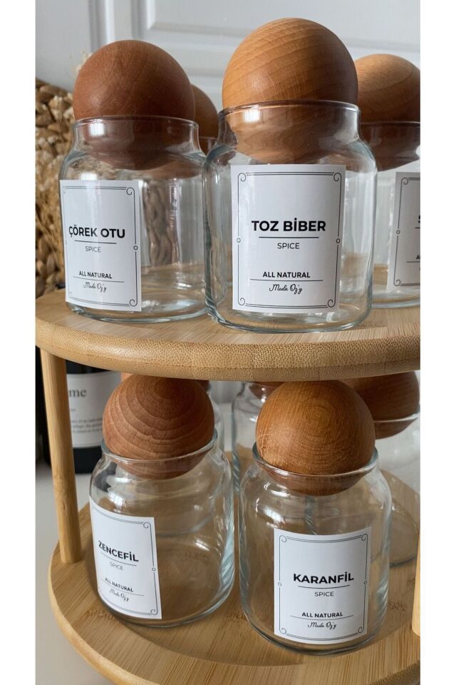 10'lu Ahşap Top Kapaklı Döner Stantlı Etiketli 300ml Cam Baharatlık Seti Saklama Kavanozu