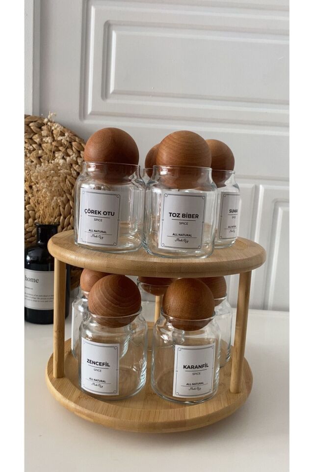 10'lu Ahşap Top Kapaklı Döner Stantlı Etiketli 300ml Cam Baharatlık Seti Saklama Kavanozu