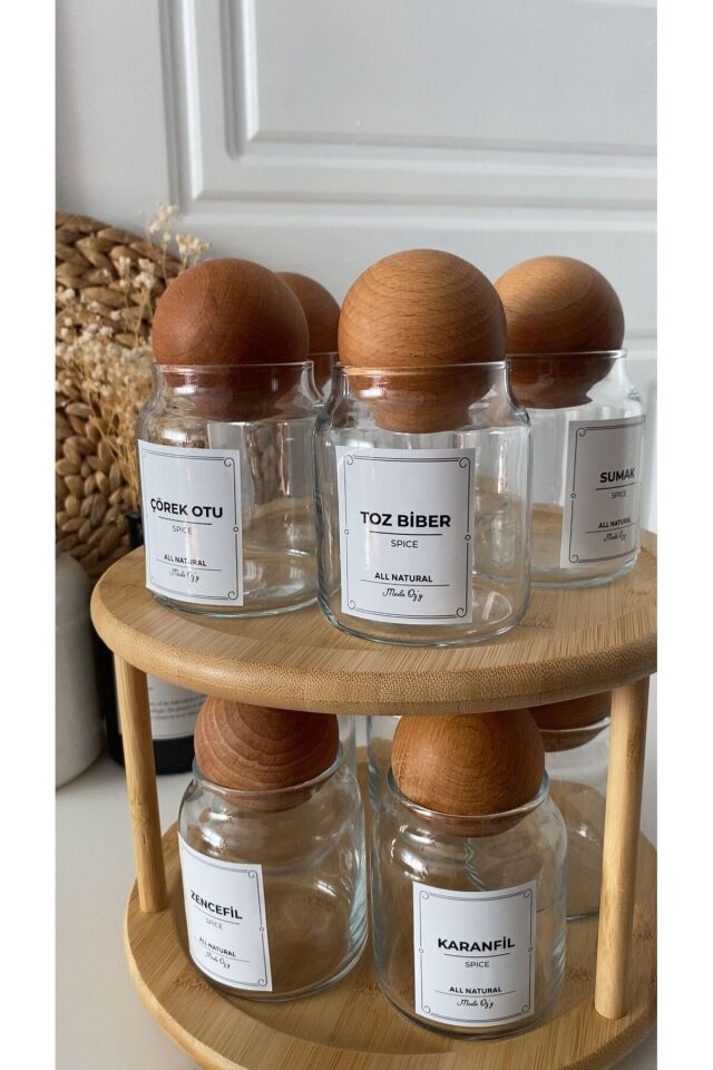 10'lu Ahşap Top Kapaklı Döner Stantlı Etiketli 300ml Cam Baharatlık Seti Saklama Kavanozu