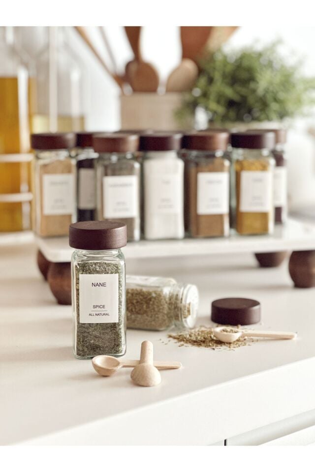 12li Akasya Kapaklı 120ml Cam Baharatlık Baharat Seti (Suya Dayanıklı Etiket)