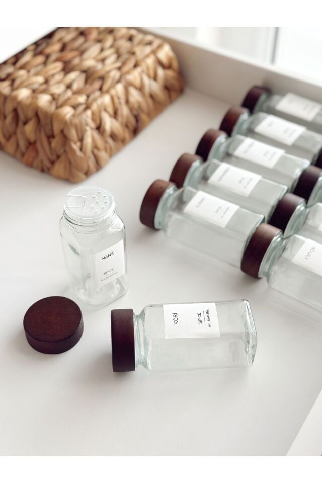 12li Akasya Kapaklı 120ml Cam Baharatlık Baharat Seti (Suya Dayanıklı Etiket)
