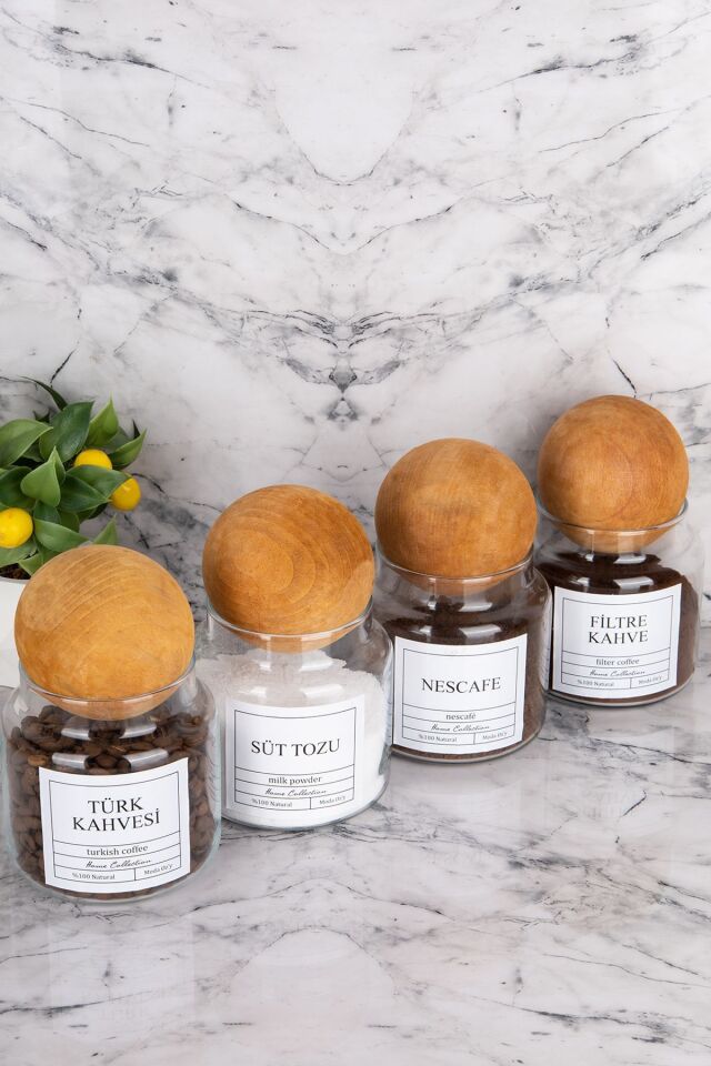 4lü 500ml Top Kapaklı Fİltre Kahve&Türk Kahvesi&Nescafe&Süttozu Kavanozu Etiketli Cam Saklama Kabı