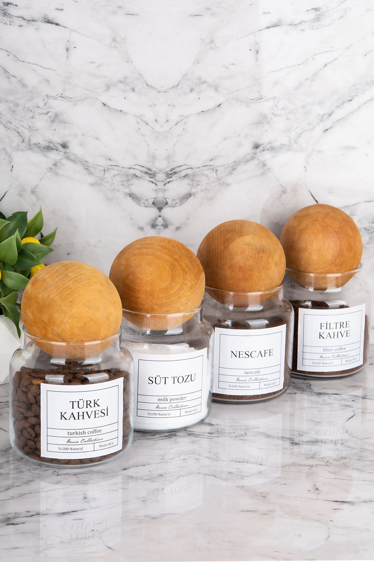 4lü 500ml Top Kapaklı Fİltre Kahve&Türk Kahvesi&Nescafe&Süttozu Kavanozu Etiketli Cam Saklama Kabı