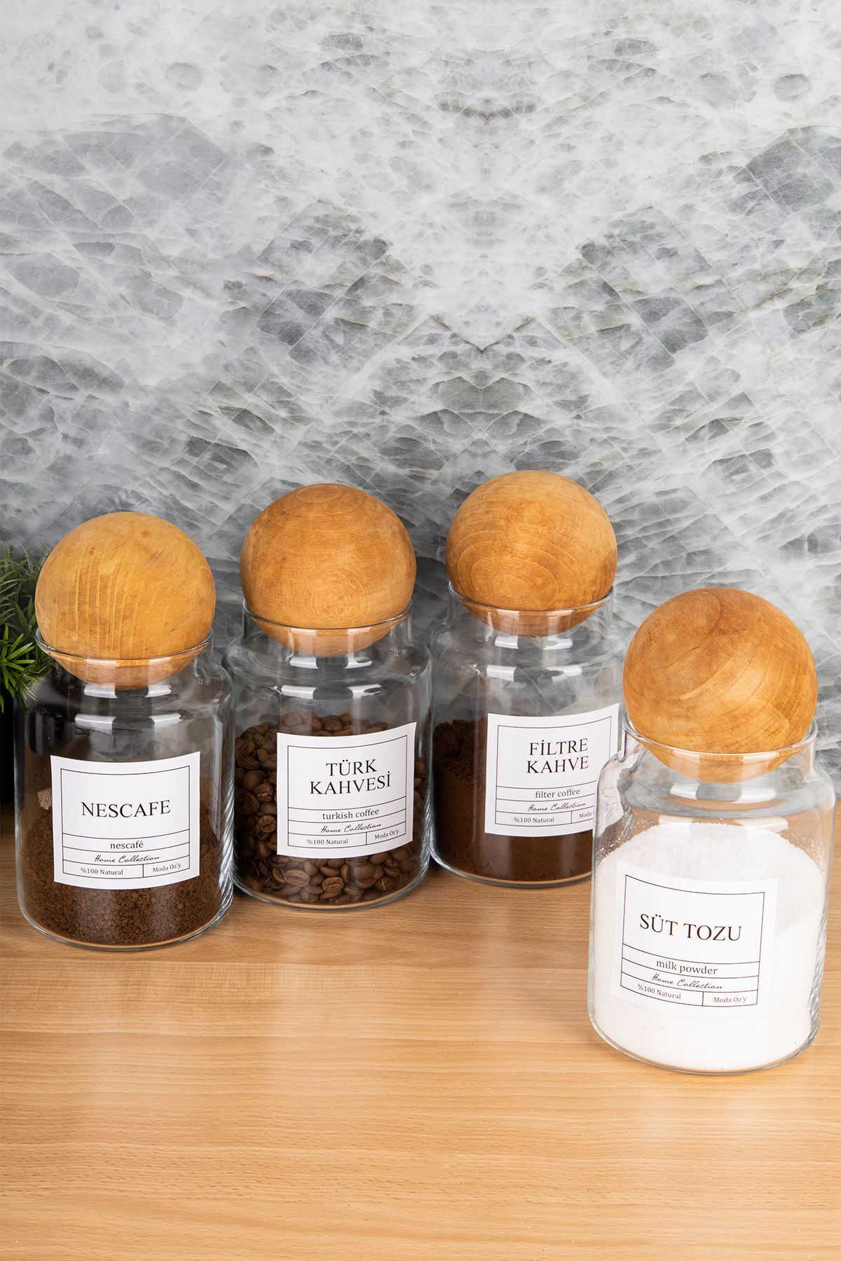 4lü 800ml Top Kapaklı Türk Kahvesi&Filtre Kahve&Nescafe&Süttozu Etiketli Kavanoz Cam Saklama Kabı