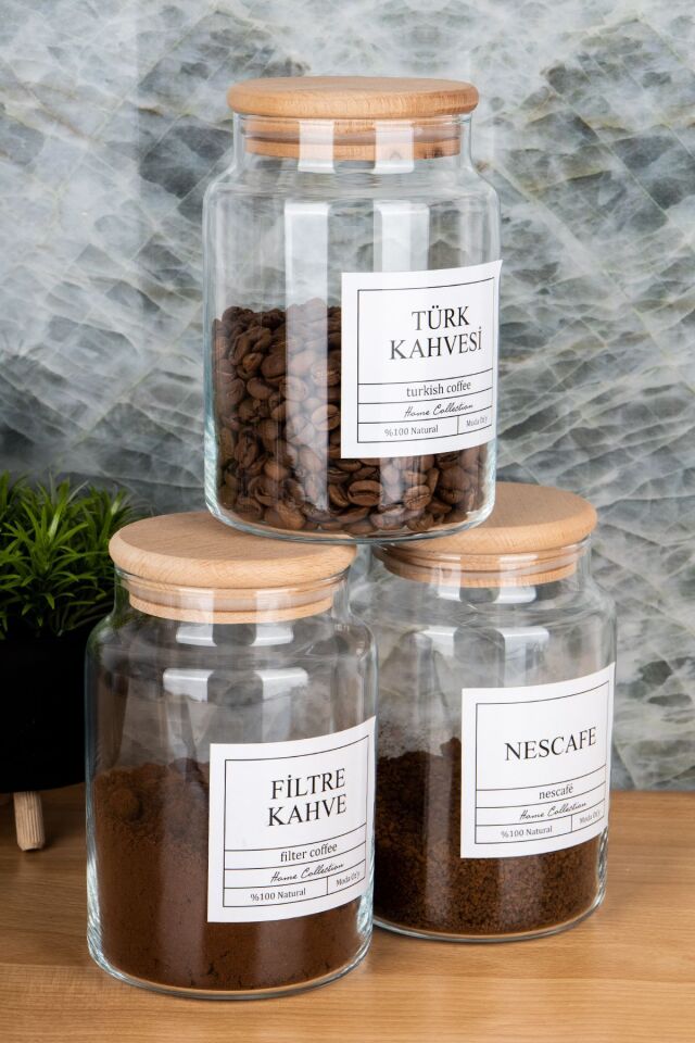 3lü 800ml Ahşap Kapaklı Nescafe&türk Kahvesi&filtre Kahve Etiketli Cam Kavanoz Saklama Kabı