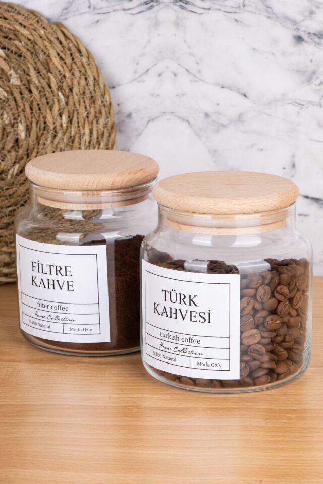 2li 500ml Ahşap Kapaklı Türk Kahvesi &Filtre Kahve Etiketli Kavanoz Cam Saklama Kabı