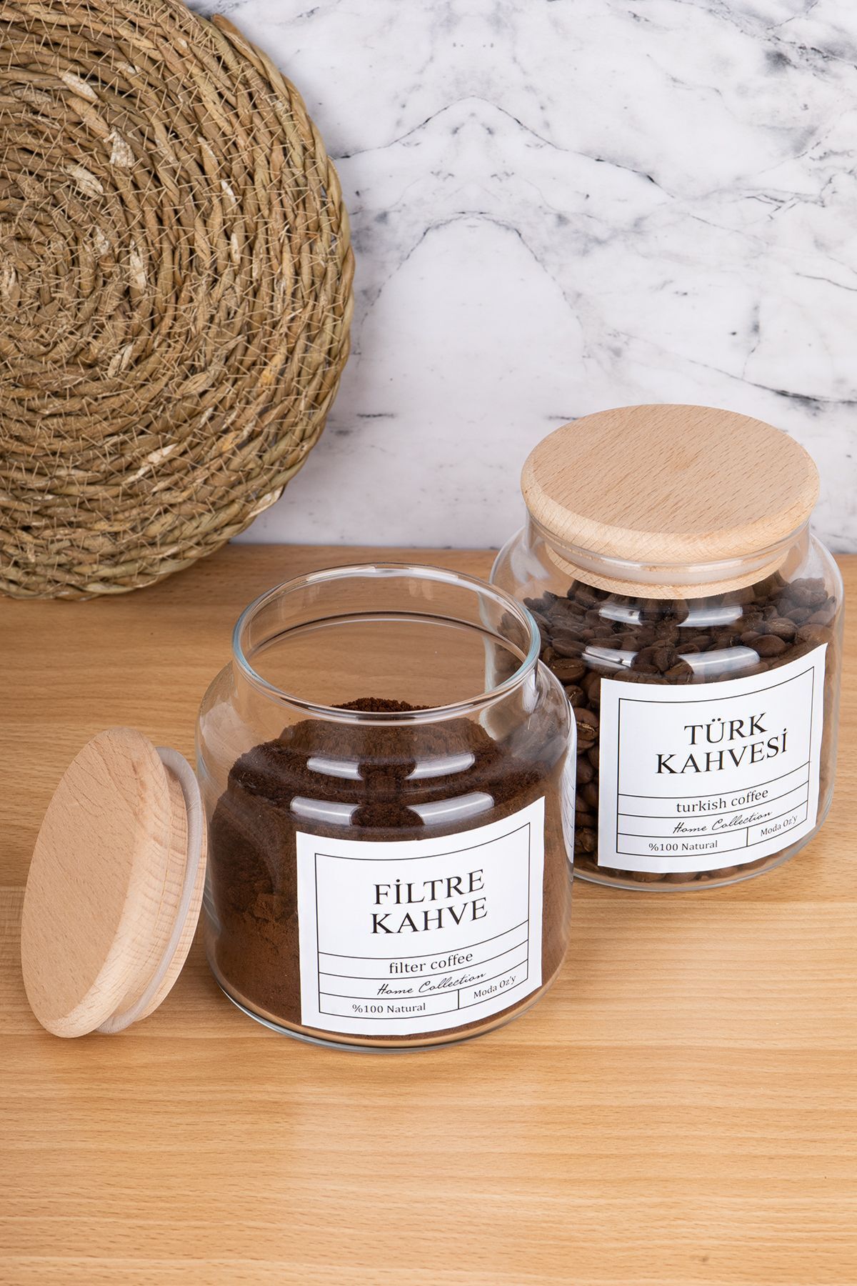 2li 500ml Ahşap Kapaklı Türk Kahvesi &Filtre Kahve Etiketli Kavanoz Cam Saklama Kabı
