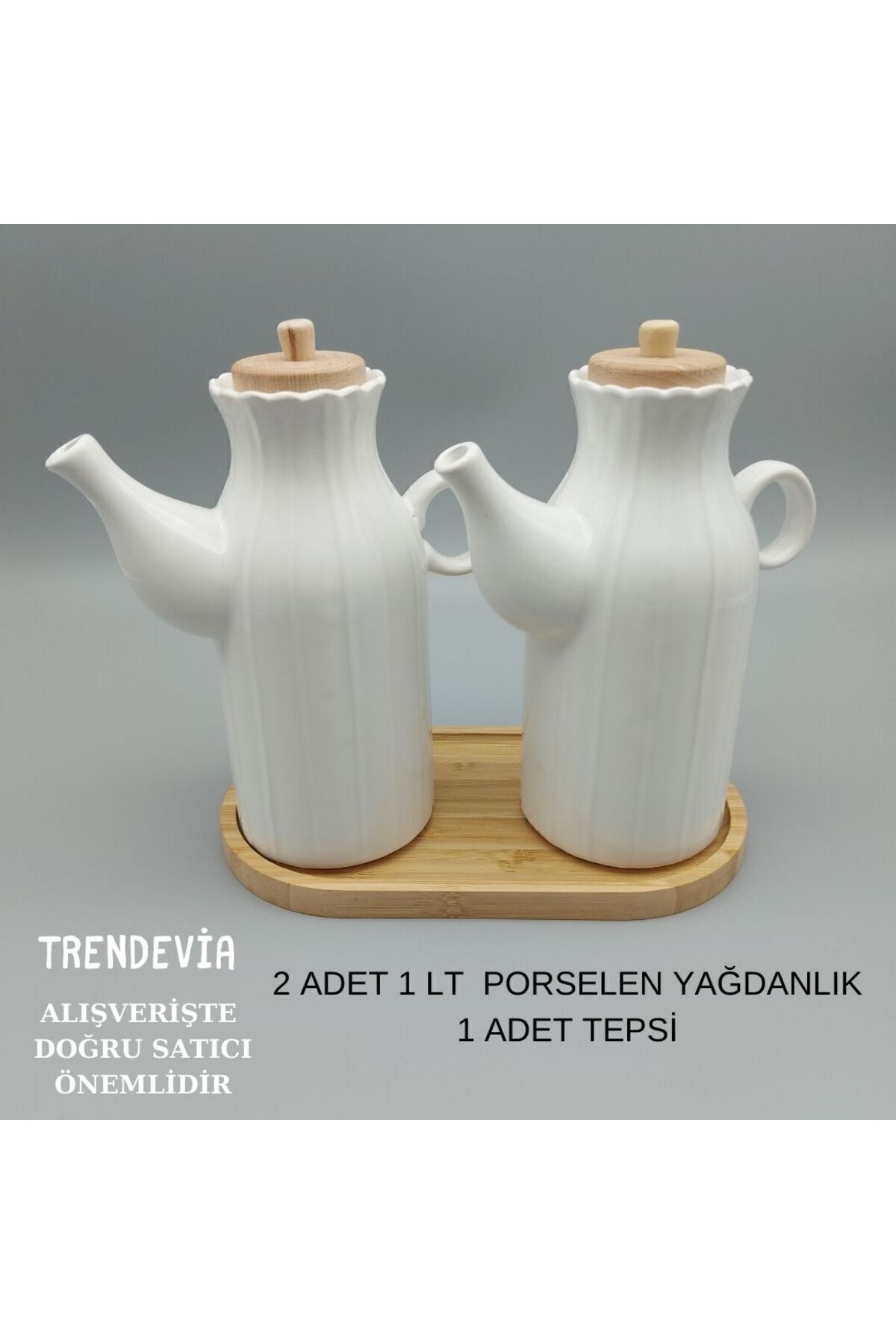 Trendevia 2 Adet 1 Lt Porselen Yağdanlık Ve Bambu Altlık Stand Yağlık Sirkelik Beyaz